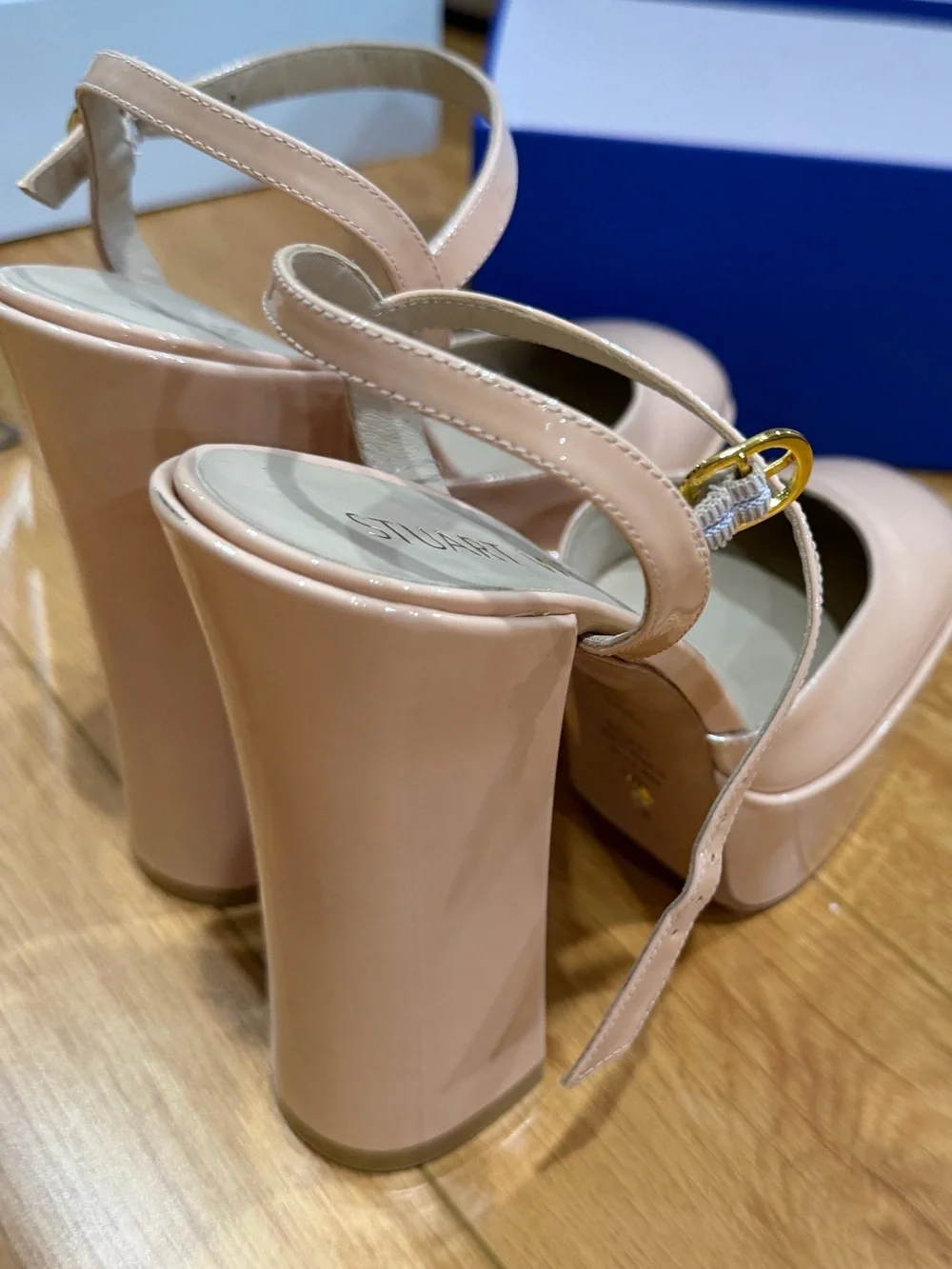 Stuart Weitzman Nude Patent Sky-High Platform Ankle-Strap Pumps